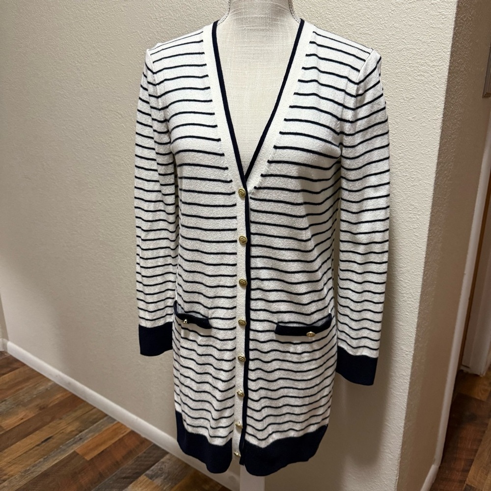 Talbots Striped White and Navy Blue Cardigan with Gold Buttons - Size XS